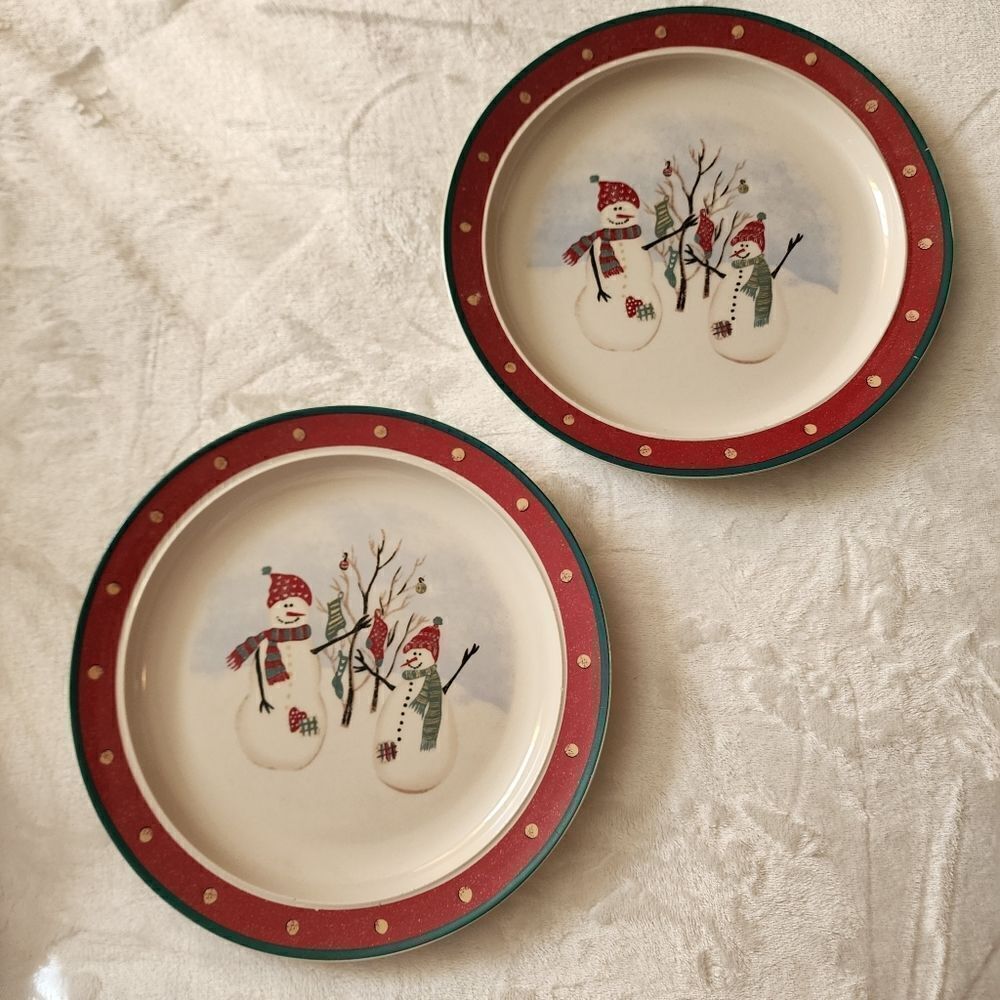 Royal Seasons 2 Piece Set Christmas Snowmen Stoneware Dinner Plates 10"